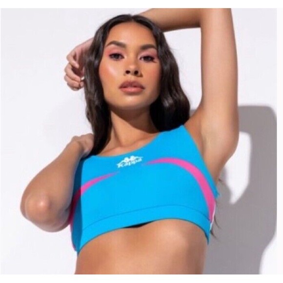 Kappa 90s Surakarta Turquoise Nylon Skin Fit Color Block Crop Top Sporty New - Picture 1 of 9